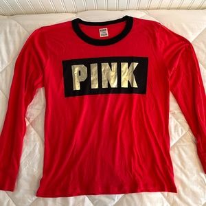 Victoria’s Secret PINK Red Long Sleeve T-shirt w/ Gold Size Large